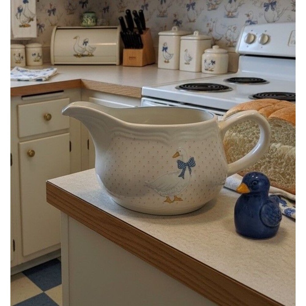Tienshan Stoneware Goose Geese Gravy Boat Creamer Blue Bow Country Vtg Farmhouse